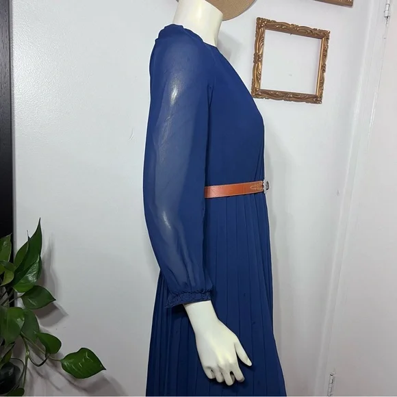Vintage Ralph Baker Dress Navy Blue Pleated Skirt Chiffon Midi Dres Midi Size 6 - Picture 7 of 16